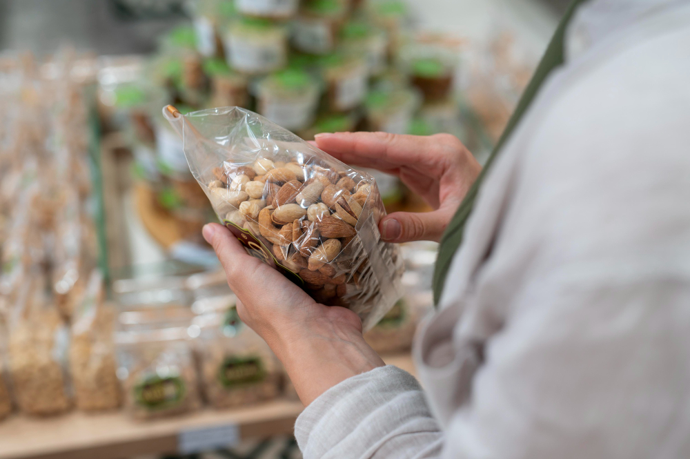 Pessoa analisando embalagem de castanhas no ponto de venda.